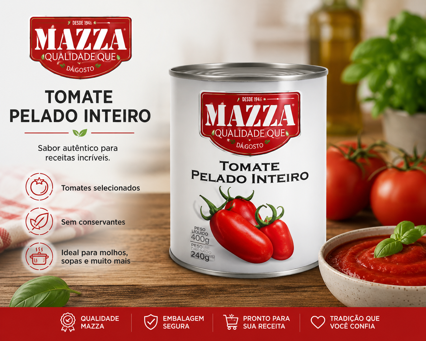Tomate Pelado Inteiro Mazza no atacado 400g Peso Drenado 250g